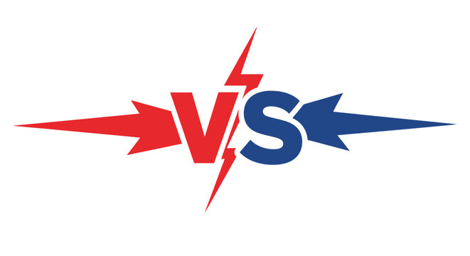 Competitive VS versus logo with opposing red and blue arrows and a central lightning bolt on an isolated white background.