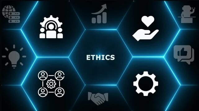 Sophisticated digital matrix graphic with neon highlights focusing on business ethics, corporate moral codes, and compliant social responsibility.