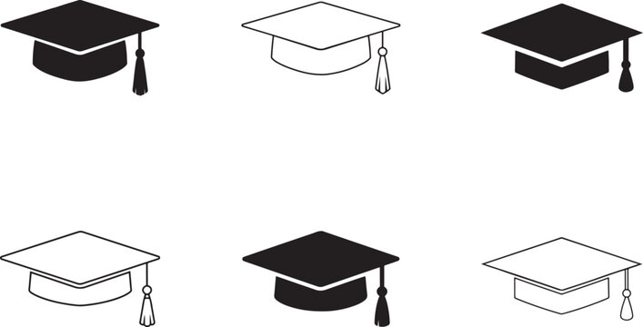 Graduation cap icon set in line and glyph styles. Academic hat outline and filled symbols.