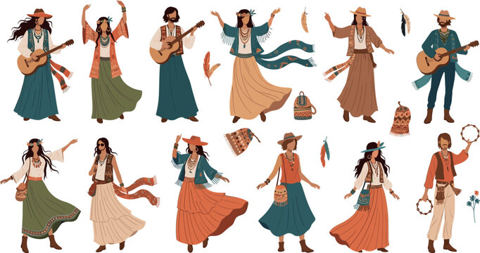 Bohemian Style People Illustration Set Featuring Dancing Women, Musicians, Flowing Dresses, and Hippie Fashion Characters in Vintage Boho Festival Aesthetic Design