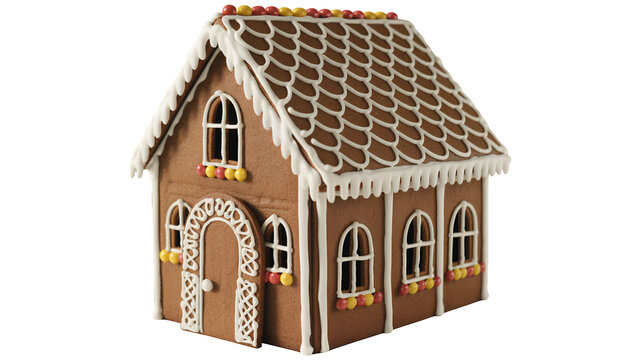 Decorated gingerbread house with white icing and candy from front isolated on a transparent background