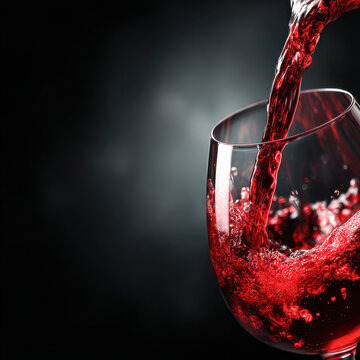 A splash of red wine is poured into a clear wine glass against a dark, elegant background.