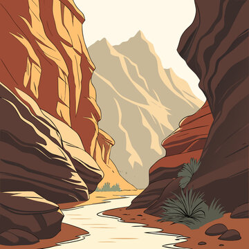 A canyon with a river running through it and mountains in the background with a