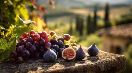 Naklejka premium Fresh Grapes and Figs Displayed on Rustic Stone Surface with Green Hills in Background