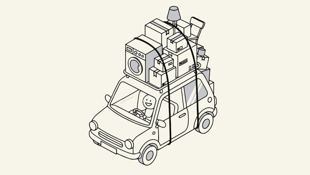 Man Driving Car Overloaded with Household Goods and Boxes
