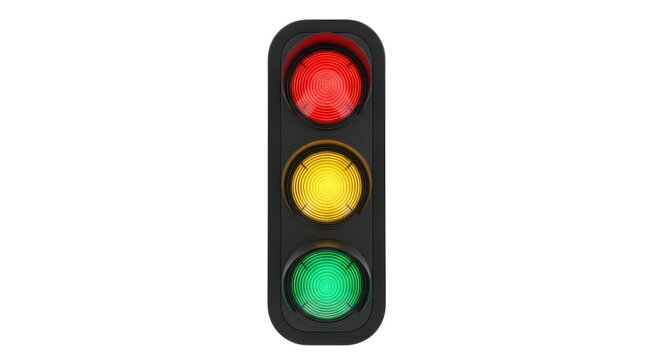 A vertical traffic signal light with red, yellow, and green bulbs illuminated, signaling a change in traffic flow