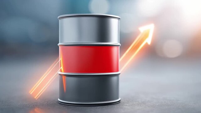 Oil barrel red metal container niche commodities linked to oil flows concept with rising arrow symbolizing growth market trends