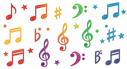 Fototapeta premium Childrens music education background with hand drawn melodic icons