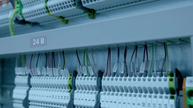 Rows of numbered white terminals with multi-colored wires in an electrical panel. Closeup. Shot in motion