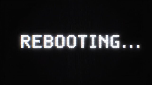 Close up view. Text REBOOTING... on old computer terminal screen. CRT scanlines and glowing pixelated font. Technology retro computing.