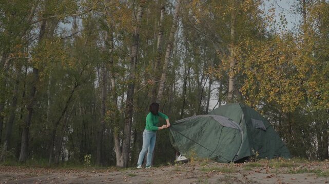 Person erecting green tent at campsite, securing poles and stakes, attaching rainfly and adjusting seams birch trees with yellow leaves, overcast sky, fallen foliage on ground, methodical outdoor