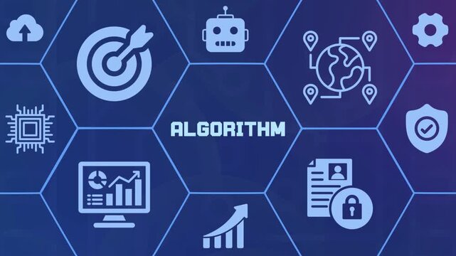 Complex mathematical algorithm logic visualization with hexagonal structure representing computer science and data encryption.
