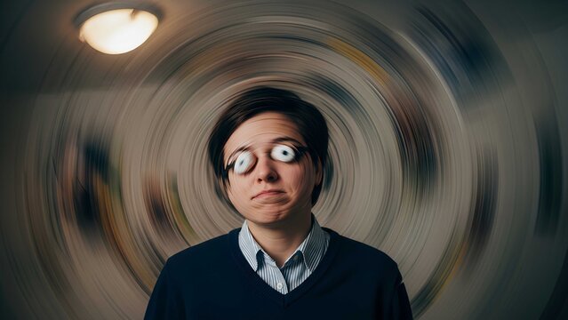 Dizzy person wearing hypnotic spiral glasses experiencing vertigo with a swirling circular motion blur background, symbolizing mental confusion, hypnosis, disorientation, and dizziness