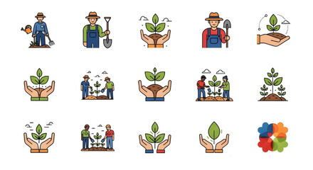 Naklejka premium Planting tree and farmer colored outline icons, A set of vector icons with colored outlines, depicting farmers, hands nurturing young plants, and environmental themes, Cultivators growth community.