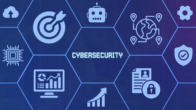  Cybersecurity defense shield icon in hexagonal digital interface representing network firewall and malware protection services.
