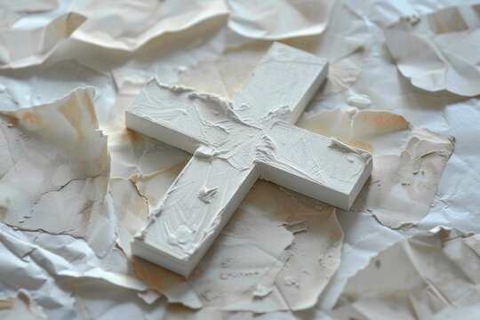 White wooden cross with a textured finish laying on a bed of crinkled white paper