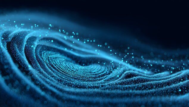 Surreal wave of glowing blue particles flowing in rhythmic ripples resembling deep sea bioluminescence or electromagnetic waves with soft ethereal glow and intricate detail of digital elements