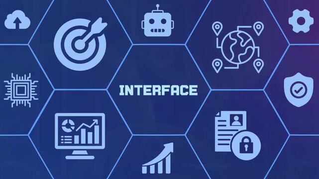 Modern user interface UI design with hexagonal navigation icons and digital dashboard elements for high-tech application software.
