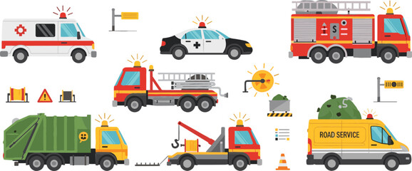 Emergency and Service Vehicles Set Featuring Ambulance, Police Car, Fire Truck, Tow Truck, Garbage Truck, and Roadside Assistance Icons in Flat Vector Illustration © Galib
