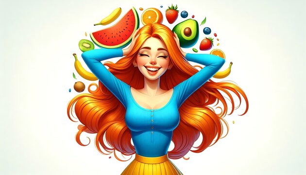 Vibrant woman with long red hair surrounded by colorful fruit smiling and carefree in a blue top and yellow skirt