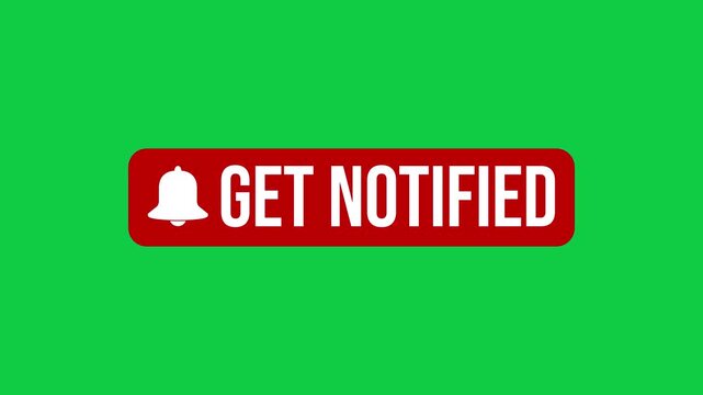 Video animation of an animated bell button with the message get notified on a green background - suitable for video blog - seamless loop. 