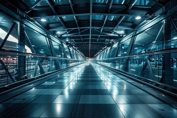 Fototapeta premium Modern glass and steel pedestrian bridge illuminated at night