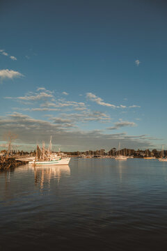 Fishing trawler docked in a serene harbour with sailboats under a vast blue sky