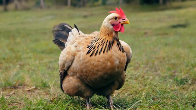 Rooster with wings spread in the meadow