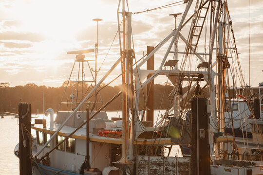 Fishing boat docked at harbour during golden hour with warm sunlight and lens flare