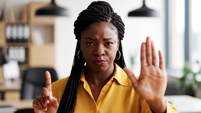 Serious business woman expressing disagreement and concern in the office atmosphere, shows a hand