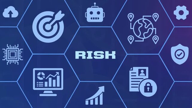 Cyber security and risk management concept featuring digital protection icons and data safety.