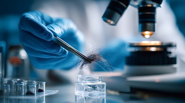 Scientist in blue protective gloves holding a sample of hair with tweezers, preparing it for microscopic examination and dna analysis in a forensic laboratory setting
