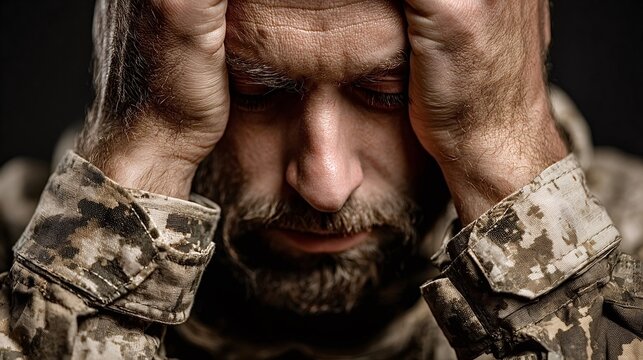 Bearded male veteran in camouflage uniform holding his head in distress, reflecting the profound weight of ptsd, trauma, and the mental health challenges faced by soldiers returning from conflict