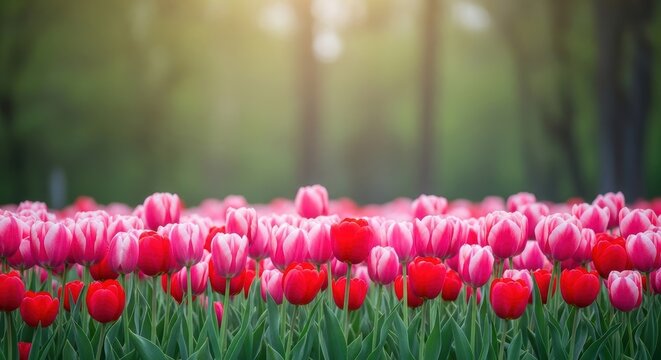 Vibrant Tulip Field with Sunlight and Soft Green Background