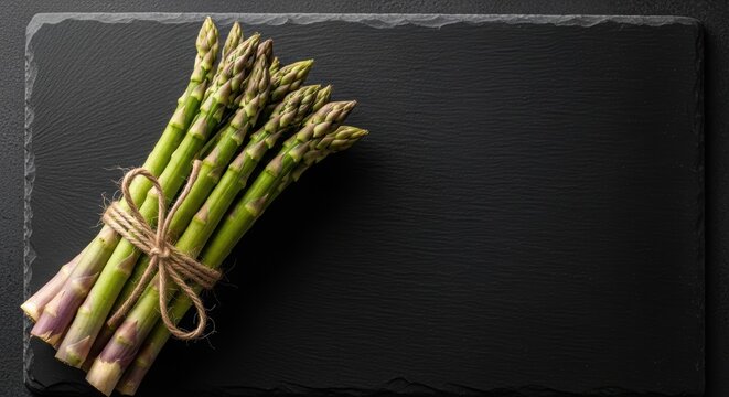 Freshly Gathered Asparagus on Dark Slate Background with Twine
