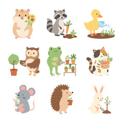 Fototapeta premium Cute animal character set for gardening, planting and growing flowers for kids spring education. Collection of soil care, agriculture and eco farming for healthy, organic lifestyle or sustainability