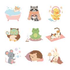 Obraz premium Cute animal character set for self care, relaxation and wellness or mindfulness in kids education. Cozy lifestyle collection with yoga meditation, skincare and journaling for rest and mental health
