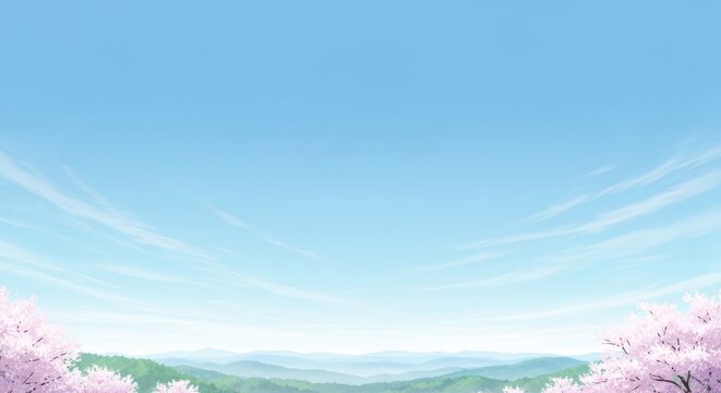 Serene Landscape with Cherry Blossoms Against Clear Blue Sky