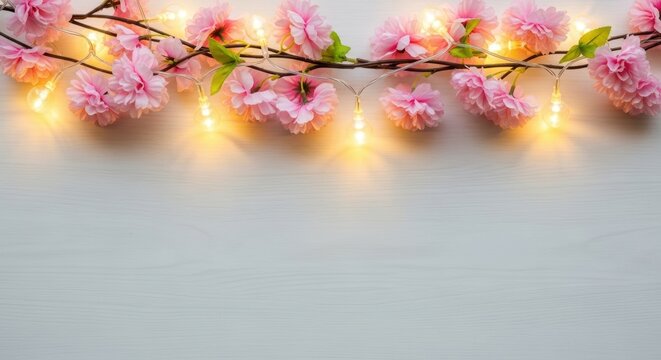 Delicate Pink Flowers with Twinkling Lights on a Soft Background