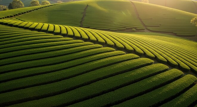 Lush Green Tea Fields Under Soft Sunrise Light in Rolling Landscape