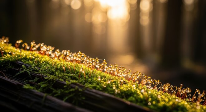 Beautiful Sunrise over Dew-Covered Moss in Serene Forest Setting