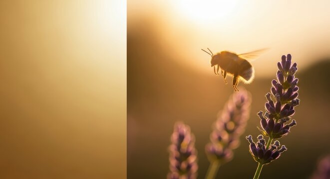 Bee in Flight Over Lavender with Soft Background Glow