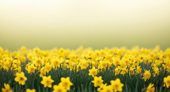 Field of Bright Yellow Daffodils in Soft Focus Background
