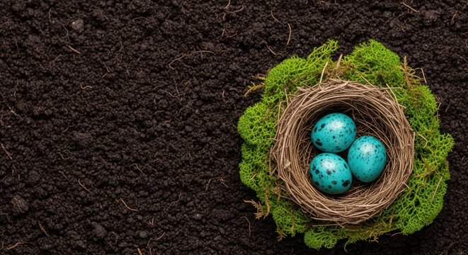 Nest with Blue Eggs Surrounded by Green Moss and Dark Soil Background