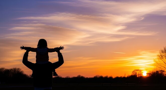 Silhouette of Parent and Child Against Sunset Sky Background