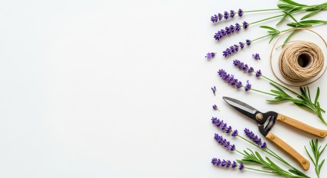 Fresh Lavender Arrangement with Gardening Tools and Twine Background