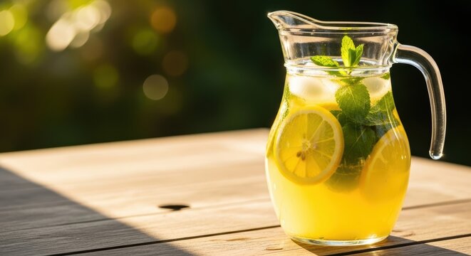 Refreshing Lemonade with Mint Leaves in Glass Pitcher on Table