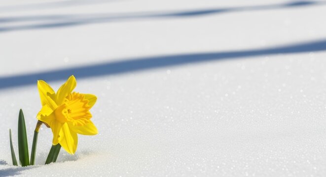 Yellow Daffodil Flower Blooming on Snowy White Background