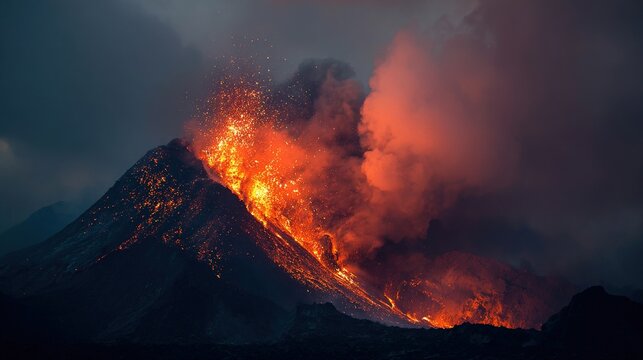 violently. Volcano erupting with lava and ash violently expelled from crater. ESG reports, sustainability campaigns, designed for environmental awareness campaigns, drives climate awareness.