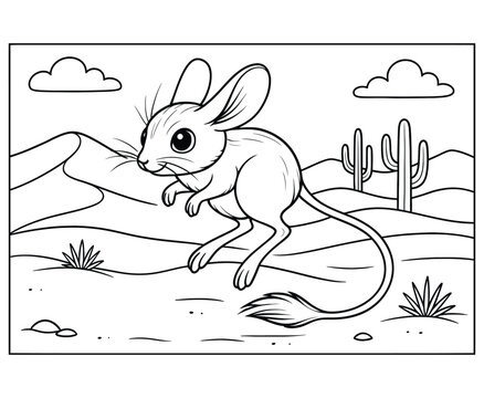 Cute jerboa coloring page for kids in desert landscape with sand dunes cacti and two clouds.